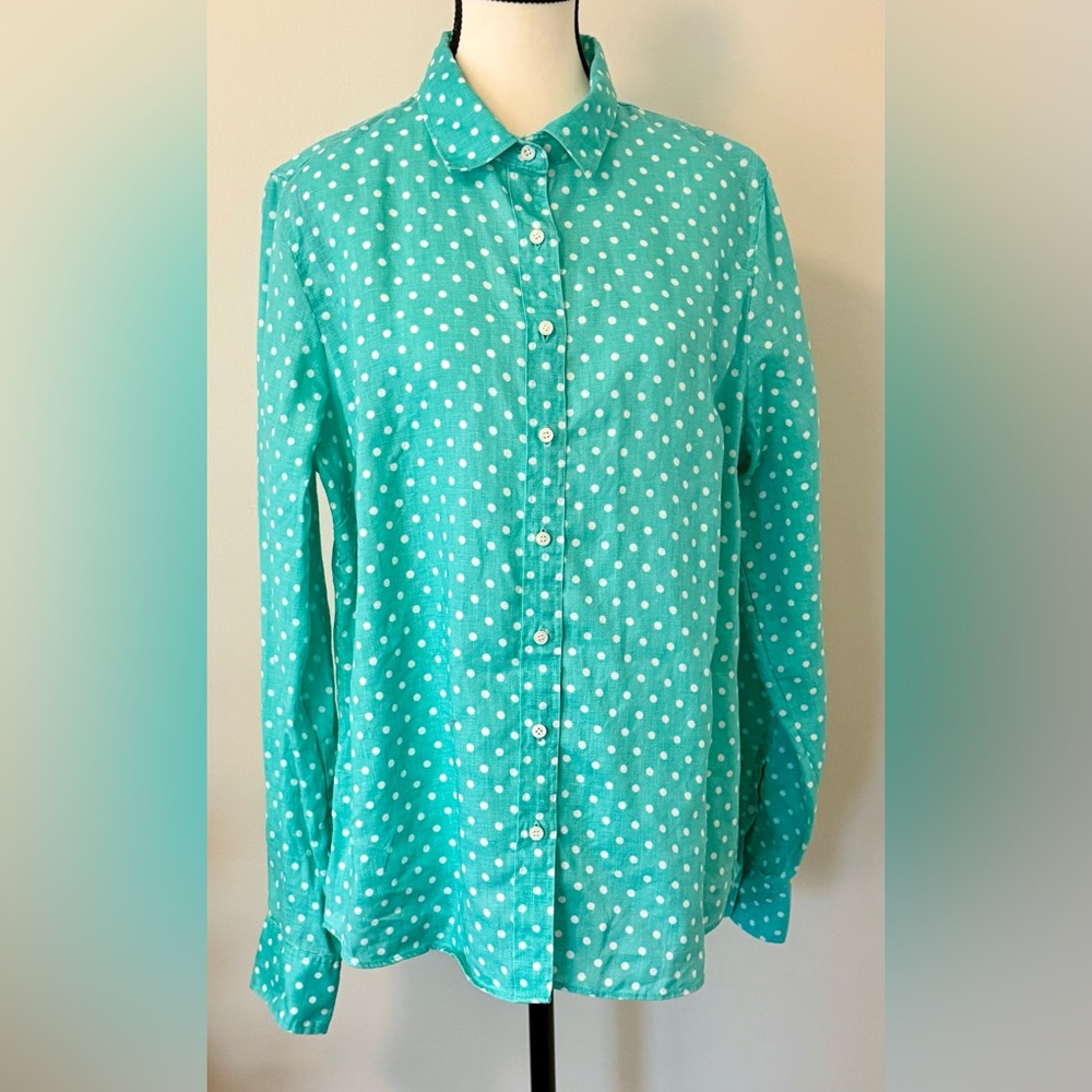 J. Crew Linen Teal Polka Dot wrinkle free Blouse
